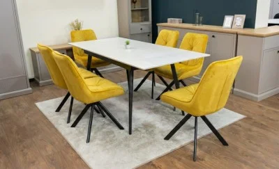 Set Masă Living Extensibilă DTM0101CS Bej cu 6 Scaune Tapițate KJC356 Galbene