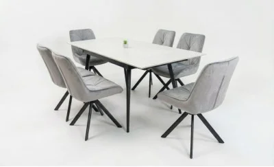Set Masă Living Extensibilă DTM0101CS Bej cu 6 Scaune Tapițate KJC356 Gri