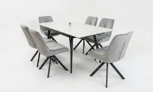 Set Masă Living Extensibilă DTM0101CS Bej cu 6 Scaune Tapițate KJC356 Gri