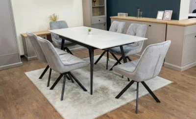 Set Masă Living Extensibilă DTM0101CS Bej cu 6 Scaune Tapițate KJC356 Gri