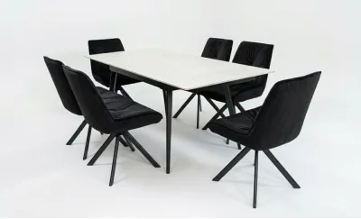 Set Masă Living Extensibilă DTM0101CS Bej cu 6 Scaune Tapițate KJC356 Negre