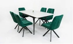 Set Masă Living Extensibilă DTM0101CS Bej cu 6 Scaune Tapițate KJC356 Verzi