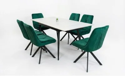 Set Masă Living Extensibilă DTM0101CS Bej cu 6 Scaune Tapițate KJC356 Verzi