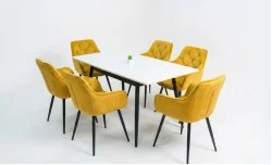 Set Masă Living Extensibilă DTM0101CS Bej cu 6 Scaune Tapițate KJC38 Muștar