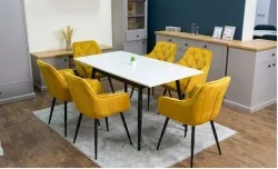 Set Masă Living Extensibilă DTM0101CS Bej cu 6 Scaune Tapițate KJC38 Muștar