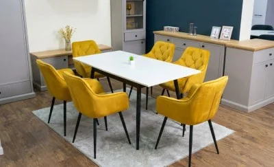 Set Masă Living Extensibilă DTM0101CS Bej cu 6 Scaune Tapițate KJC38 Muștar