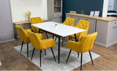 Set Masă Living Extensibilă DTM0101CS Bej cu 6 Scaune Tapițate KJC38 Muștar