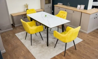 Set Masă Living Extensibilă KJT4711-1 Alb cu 4 Scaune Tapițate KJC38 Galbene
