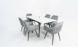Set Masă Living Extensibilă DTM0101CS Bej cu 6 Scaune Tapițate KJC38 Gri