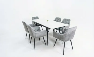 Set Masă Living Extensibilă DTM0101CS Bej cu 6 Scaune Tapițate KJC38 Gri