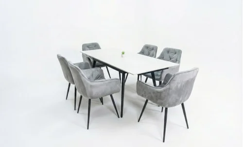 Set Masă Living Extensibilă DTM0101CS Bej cu 6 Scaune Tapițate KJC38 Gri