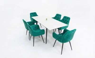 Set Masă Living Extensibilă DTM0101CS Bej cu 6 Scaune Tapițate KJC38 Verzi