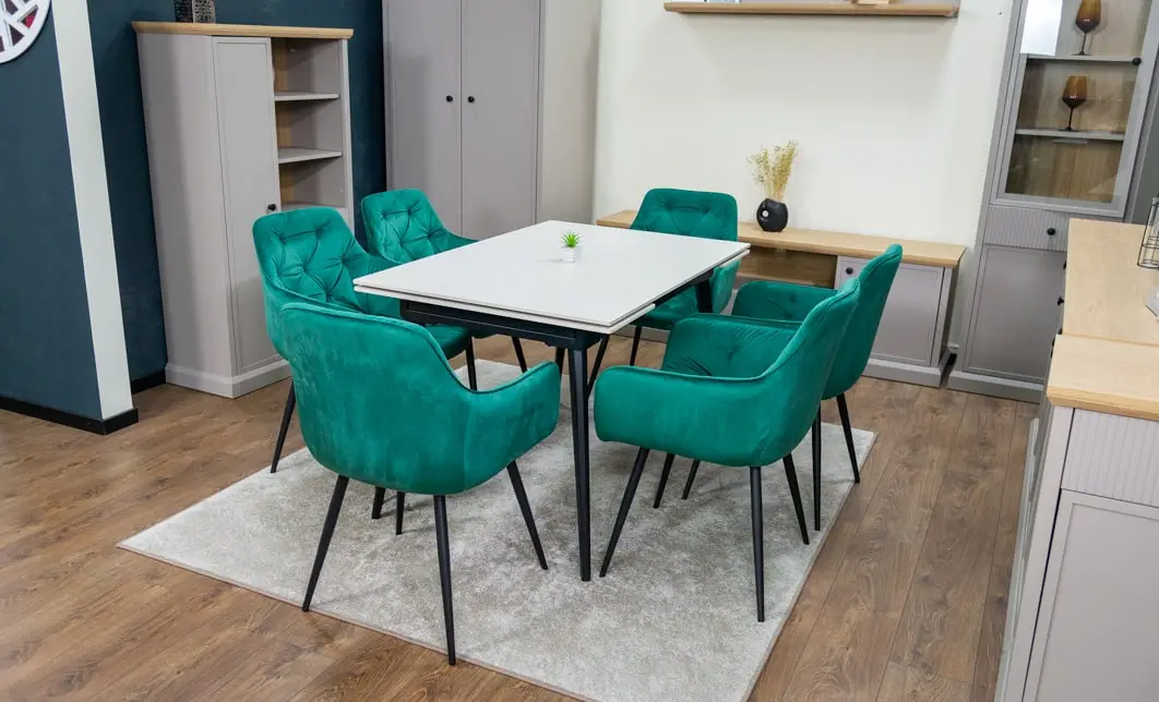 Set Masă Living Extensibilă DTM0101CS Bej cu 6 Scaune Tapițate KJC38 Verzi