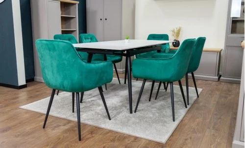 Set Masă Living Extensibilă DTM0101CS Bej cu 6 Scaune Tapițate KJC38 Verzi