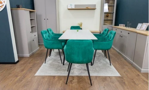 Set Masă Living Extensibilă DTM0101CS Bej cu 6 Scaune Tapițate KJC38 Verzi