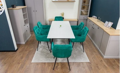 Set Masă Living Extensibilă DTM0101CS Bej cu 6 Scaune Tapițate KJC38 Verzi