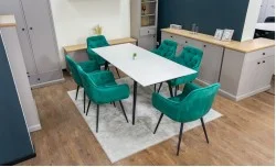 Set Masă Living Extensibilă DTM0101CS Bej cu 6 Scaune Tapițate KJC38 Verzi