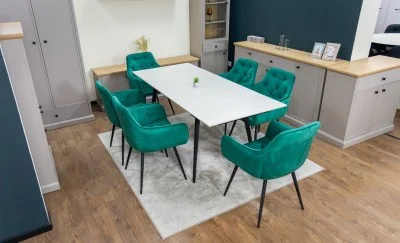 Set Masă Living Extensibilă DTM0101CS Bej cu 6 Scaune Tapițate KJC38 Verzi