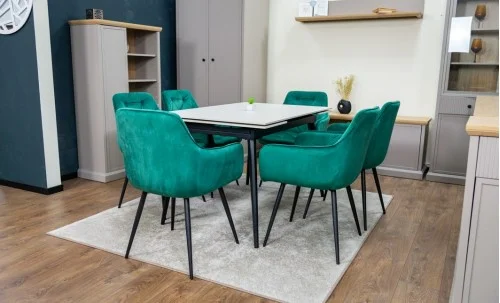 Set Masă Living Extensibilă DTM0101CS Bej cu 6 Scaune Tapițate KJC38 Verzi