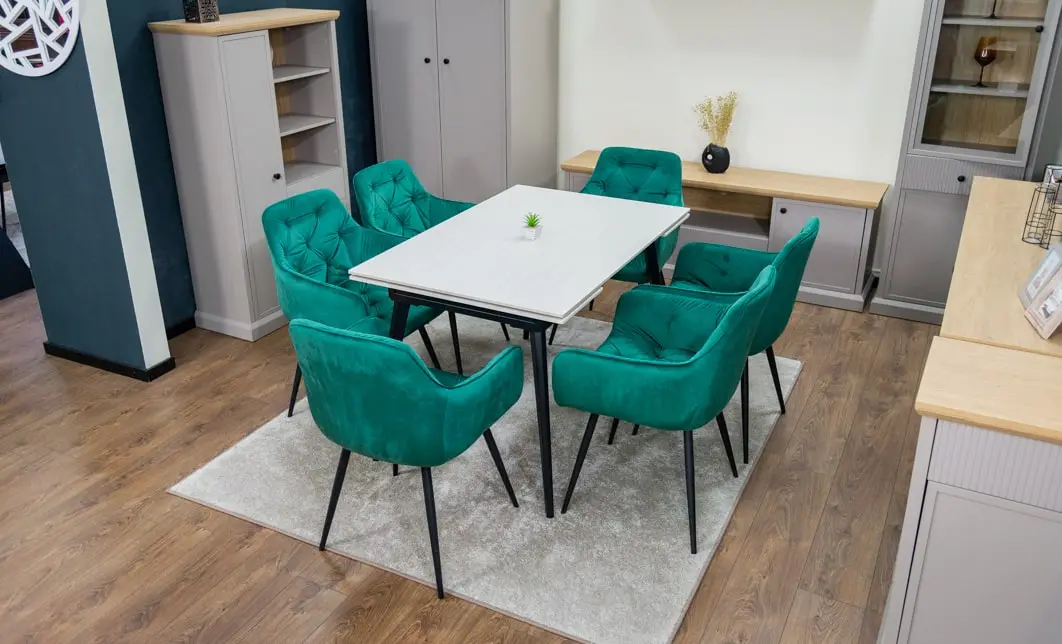 Set Masă Living Extensibilă DTM0101CS Bej cu 6 Scaune Tapițate KJC38 Verzi 7