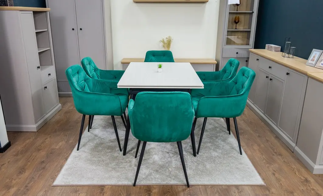 Set Masă Living Extensibilă DTM0101CS Bej cu 6 Scaune Tapițate KJC38 Verzi 6