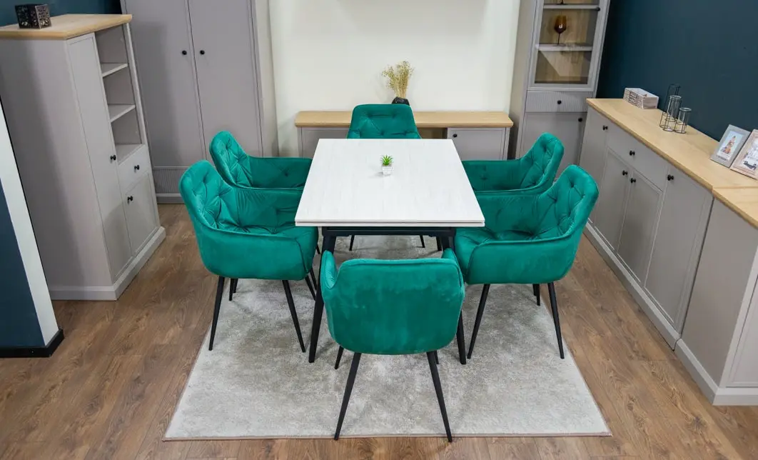 Set Masă Living Extensibilă DTM0101CS Bej cu 6 Scaune Tapițate KJC38 Verzi 3