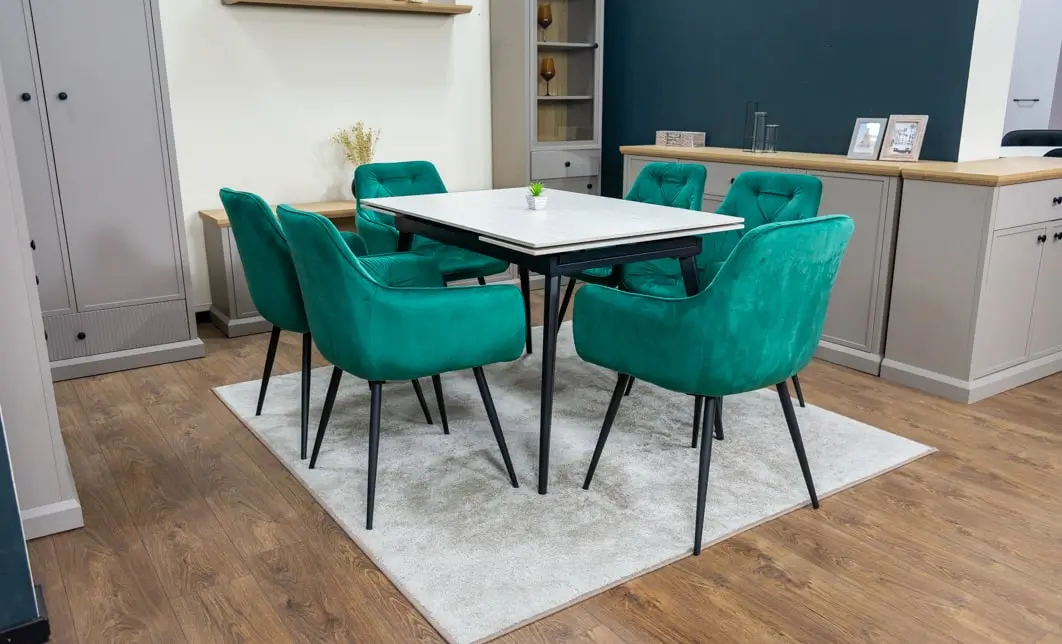 Set Masă Living Extensibilă DTM0101CS Bej cu 6 Scaune Tapițate KJC38 Verzi 4