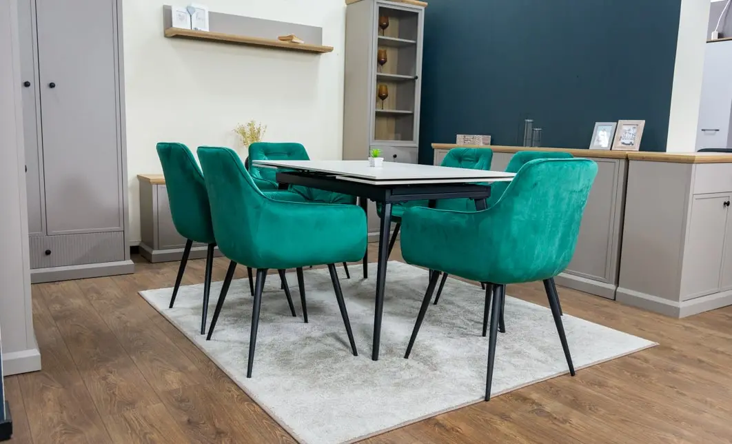 Set Masă Living Extensibilă DTM0101CS Bej cu 6 Scaune Tapițate KJC38 Verzi 5