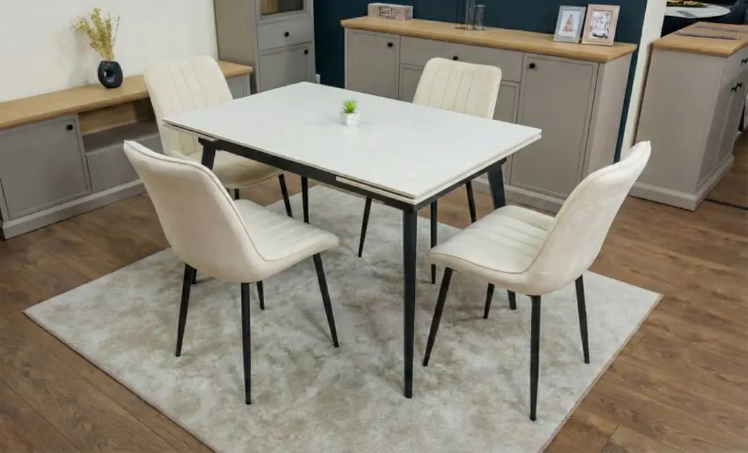 Set Masă Living Extensibilă DTM0101CS Bej cu 4 Scaune Tapițate KJC176 Bej