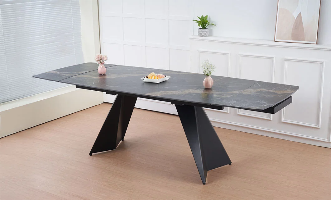 Set Masă Living Extensibilă Blat Ceramic Negru/Auriu DTM0105CS cu 4 Scaune DCM0601AS Gri Inchis 2