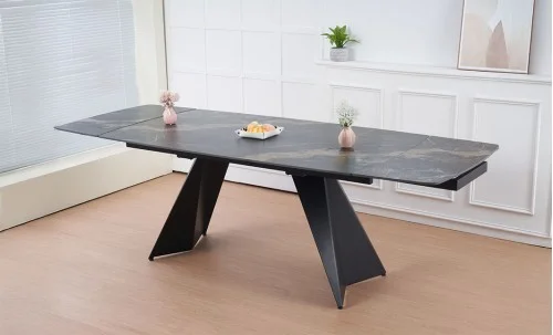 Set Masă Living Extensibilă Blat Ceramic Negru/Auriu DTM0105CS cu 4 Scaune DCM0601AS Gri Inchis