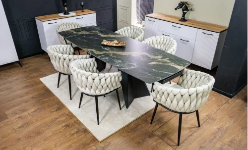Set Masă Living Extensibilă Blat Ceramic Negru/Auriu DTM0105CS cu 6 Scaune KJC11 Bej