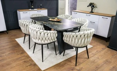 Set Masă Living Extensibilă Blat Ceramic Negru/Auriu DTM0105CS cu 6 Scaune KJC11 Bej