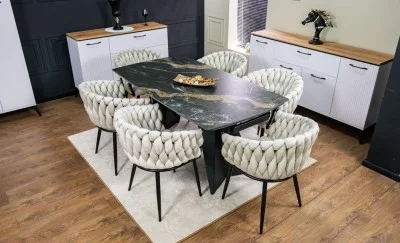 Set Masă Living Extensibilă Blat Ceramic Negru/Auriu DTM0105CS cu 6 Scaune KJC11 Bej