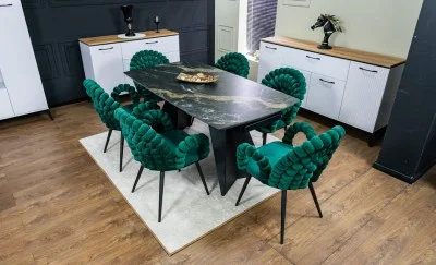 Set Masă Living Extensibilă Blat Ceramic Negru/Auriu DTM0105CS cu 6 Scaune KJC376 Verzi