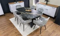 Set Masă Living Extensibilă Blat Ceramic Negru/Auriu DTM0105CS cu 6 Scaune KJC80 Gri 1