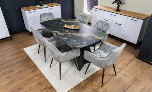 Set Masă Living Extensibilă Blat Ceramic Negru/Auriu DTM0105CS cu 6 Scaune KJC80 Gri