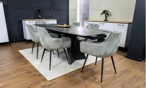 Set Masă Living Extensibilă Blat Ceramic Negru/Auriu DTM0105CS cu 6 Scaune KJC80 Gri