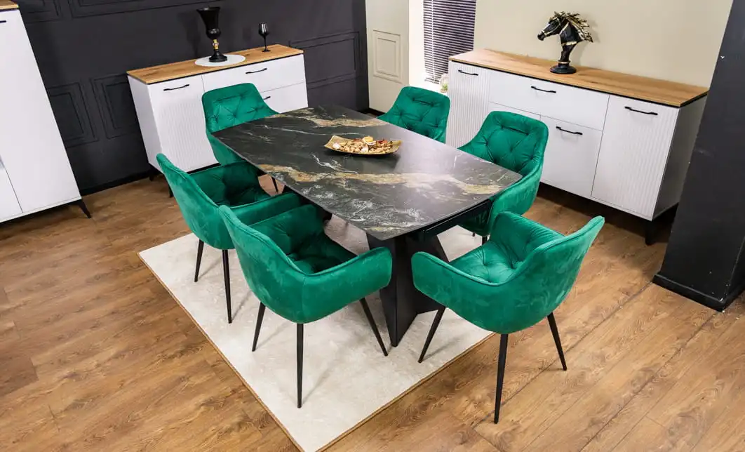 Set Masă Living Extensibilă Blat Ceramic Negru/Auriu DTM0105CS cu 6 Scaune KJC38 Verzi 1