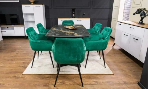 Set Masă Living Extensibilă Blat Ceramic Negru/Auriu DTM0105CS cu 6 Scaune KJC38 Verzi