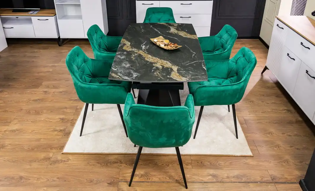 Set Masă Living Extensibilă Blat Ceramic Negru/Auriu DTM0105CS cu 6 Scaune KJC38 Verzi 8