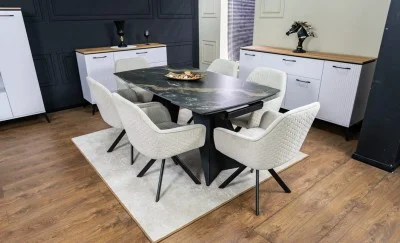 Set Masă Living Extensibilă Blat Ceramic Negru/Auriu DTM0105CS cu 6 Scaune KJC3846 Bej