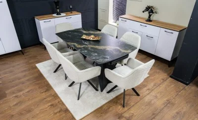 Set Masă Living Extensibilă Blat Ceramic Negru/Auriu DTM0105CS cu 6 Scaune KJC3846 Bej