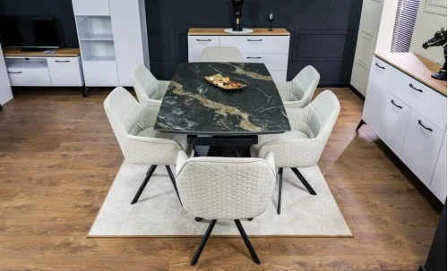Set Masă Living Extensibilă Blat Ceramic Negru/Auriu DTM0105CS cu 6 Scaune KJC3846 Bej