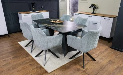 Set Masă Living Extensibilă Blat Ceramic Negru/Auriu DTM0105CS cu 6 Scaune KJC385 Gri