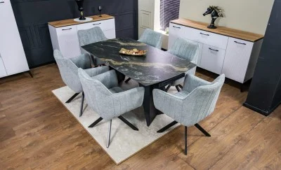 Set Masă Living Extensibilă Blat Ceramic Negru/Auriu DTM0105CS cu 6 Scaune KJC385 Gri