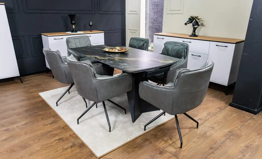 Set Masă Living Extensibilă Blat Ceramic Negru/Auriu DTM0105CS cu 6 Scaune KJC389 Gri