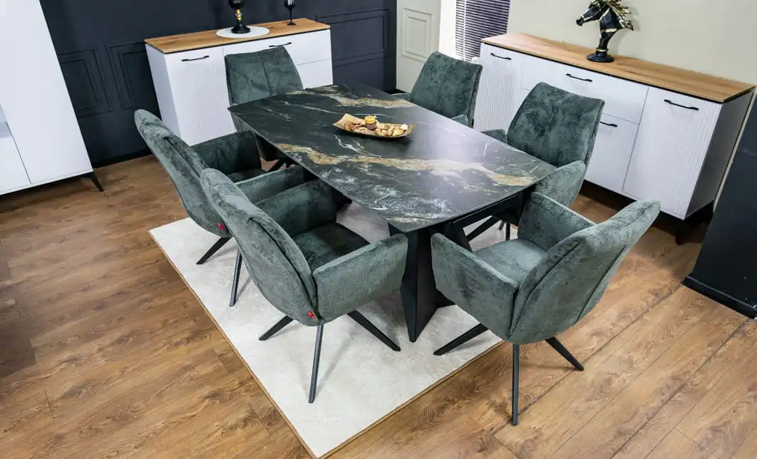 Set Masă Living Extensibilă Blat Ceramic Negru/Auriu DTM0105CS cu 6 Scaune DCM0601AS Gri Închis 2