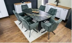 Set Masă Living Extensibilă Blat Ceramic Negru/Auriu DTM0105CS cu 6 Scaune DCM0601AS Gri Închis