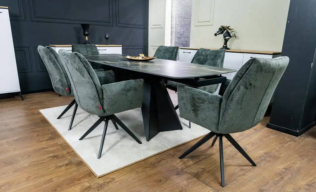 Set Masă Living Extensibilă Blat Ceramic Negru/Auriu DTM0105CS cu 6 Scaune DCM0601AS Gri Închis 4